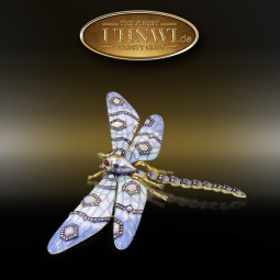 Libelle aus 18 Kt Gold, Email, Diamantrosen, Opale, Rubine und einer Südseeperle als Brosche